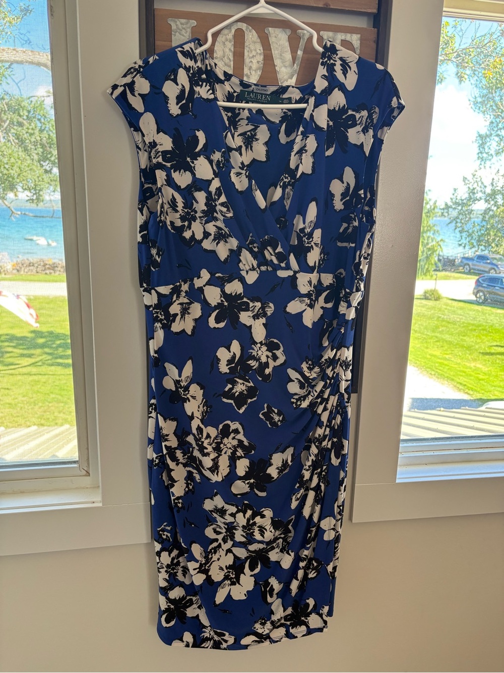Lauren Ralph Lauren Blue Black and White Floral Wrap Midi Dress